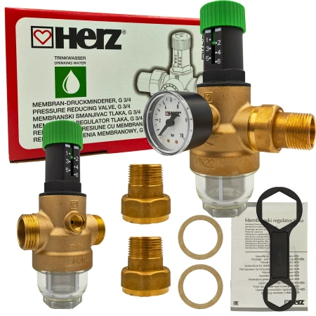 Reduktor Ciśnienia Wody DN20 3/4 Membranowy z Filtrem i Manometrem HERZ