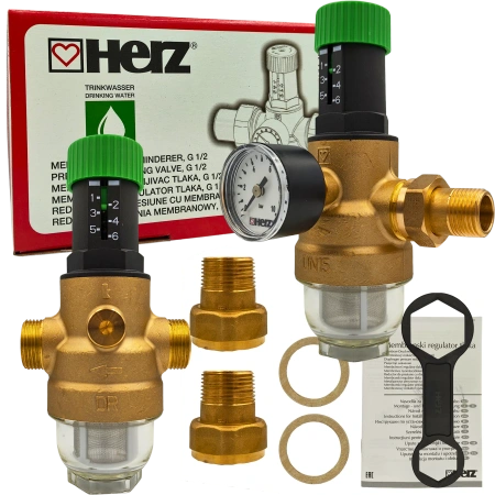 Reduktor Ciśnienia Wody DN15 1/2 Membranowy z Filtrem i Manometrem HERZ
